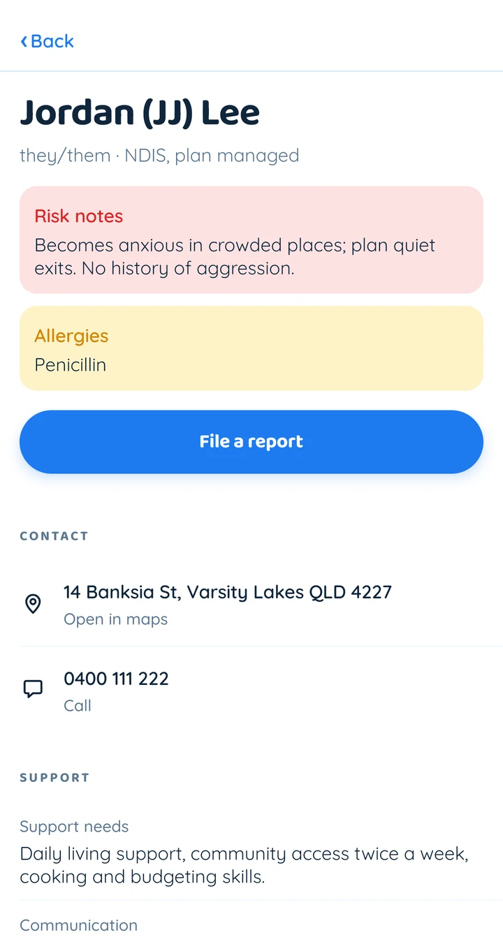 A client record in the Shiftbreeze Care app showing risk notes, allergies and contact details