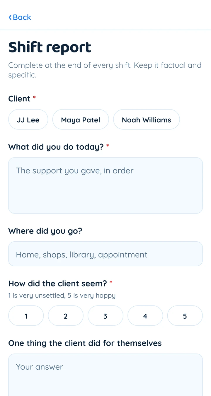 A shift report form in the Shiftbreeze Care app