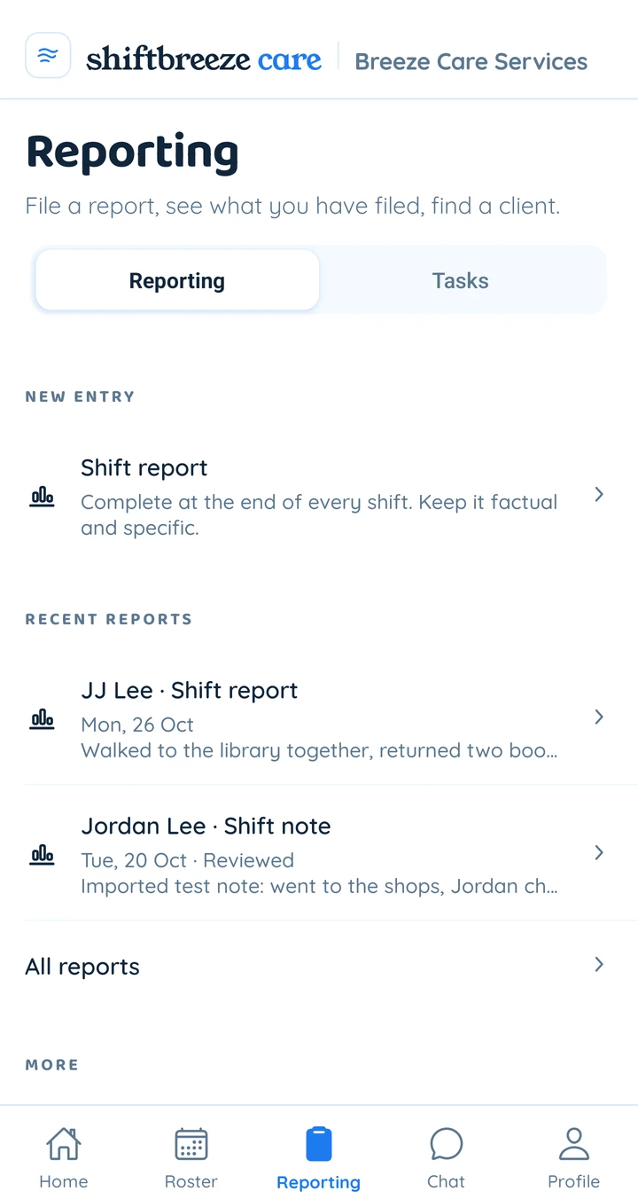 The Reporting tab in the Shiftbreeze Care app