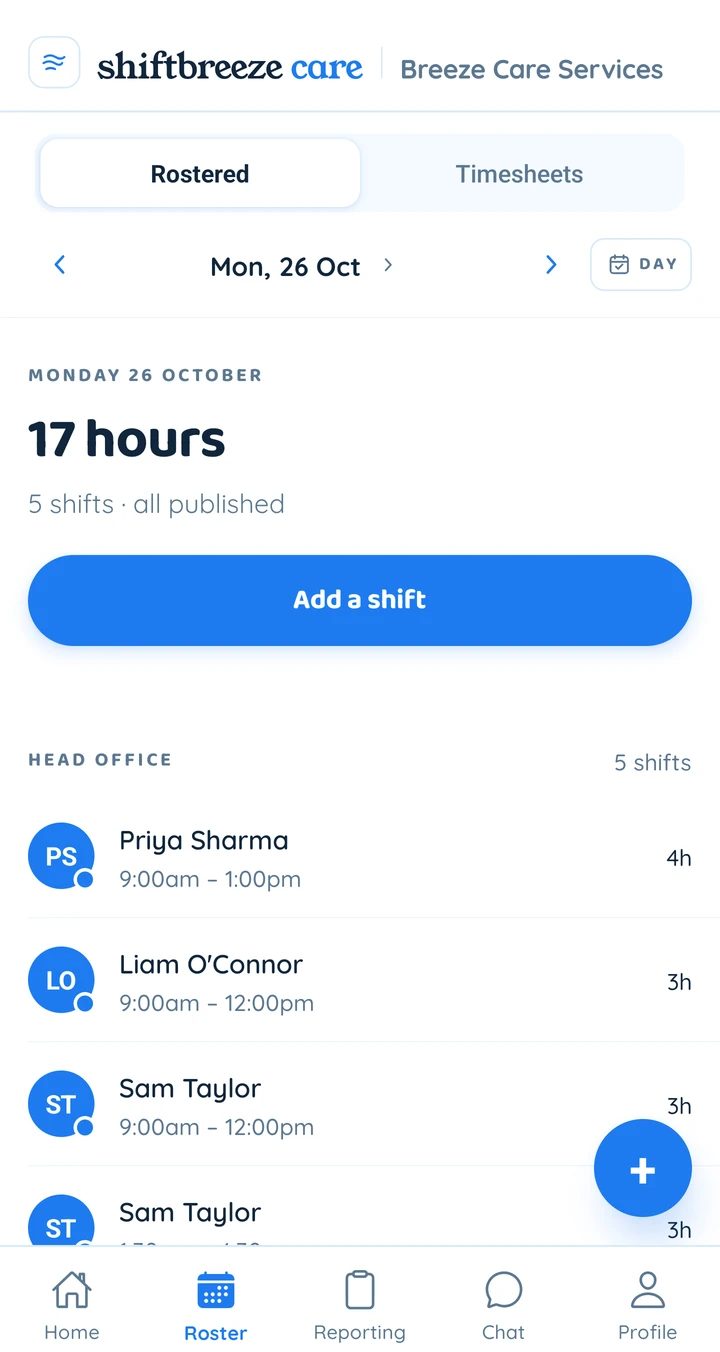 The roster in the Shiftbreeze Care app with the day’s shifts