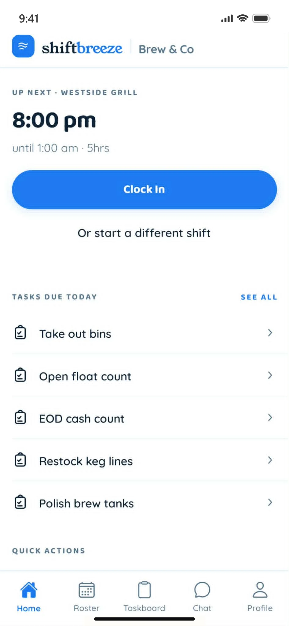 The Shiftbreeze staff app home screen showing the next shift and today's tasks