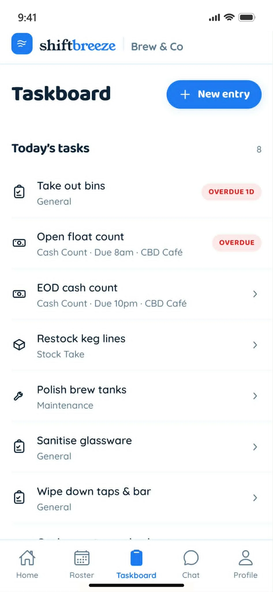 Shiftbreeze app — taskboard