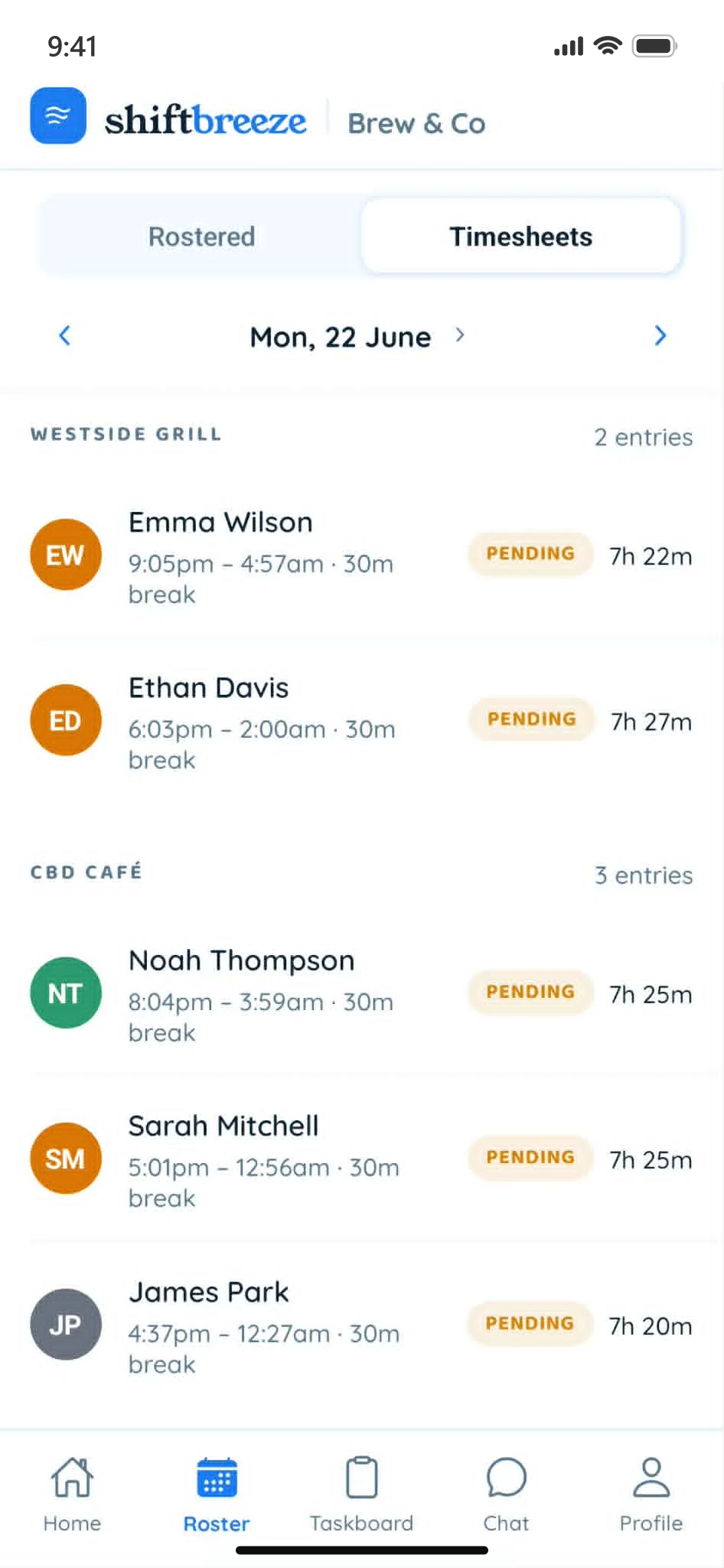 Shiftbreeze app — timesheets